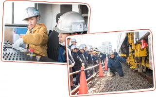 線路を補修する大型作業車を見学